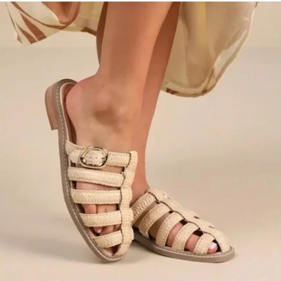 DV by Dolce Vita Fyona Raffia Buckle Fisherman Flat Mules Size 6.5 Beige - Picture 11 of 11